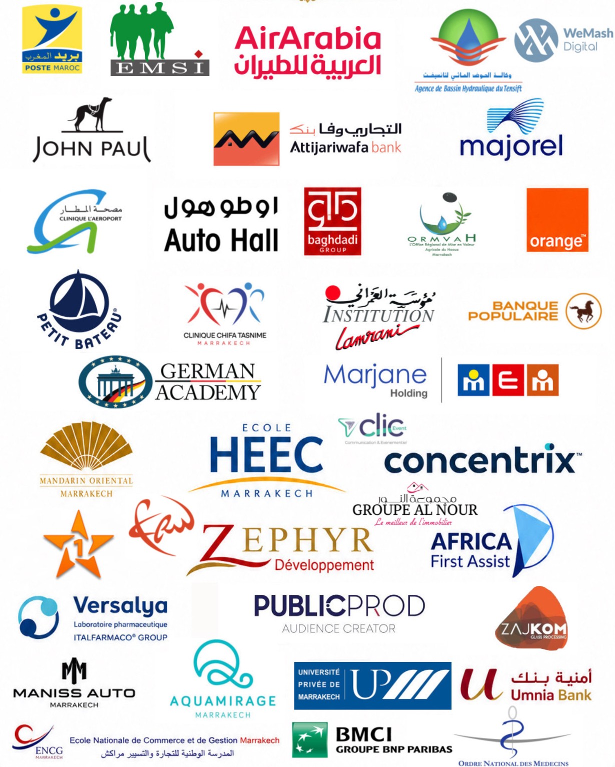 Logos des clients qui font confiance a Afrah Darna Prestige : Poste Maroc, Air Arabia, Attijariwafa bank, Orange, Mandarin Oriental, BMCI et autres